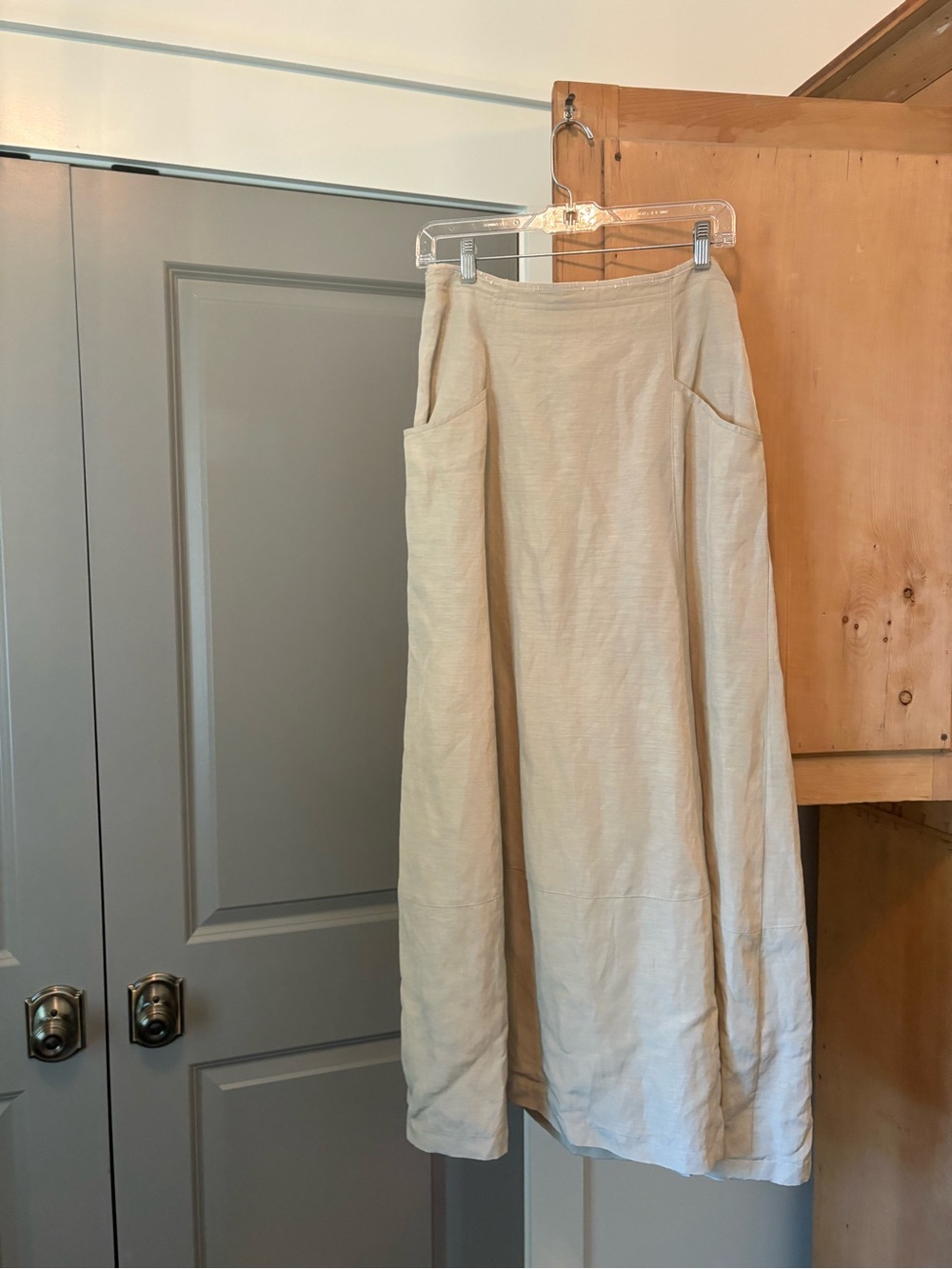 Linen Maxi Skirt in Beige with Side Pockets